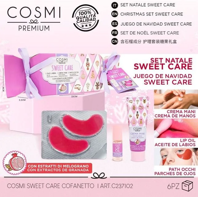 Cosmi premium sweet care lip oil crema de manos y parches oculares