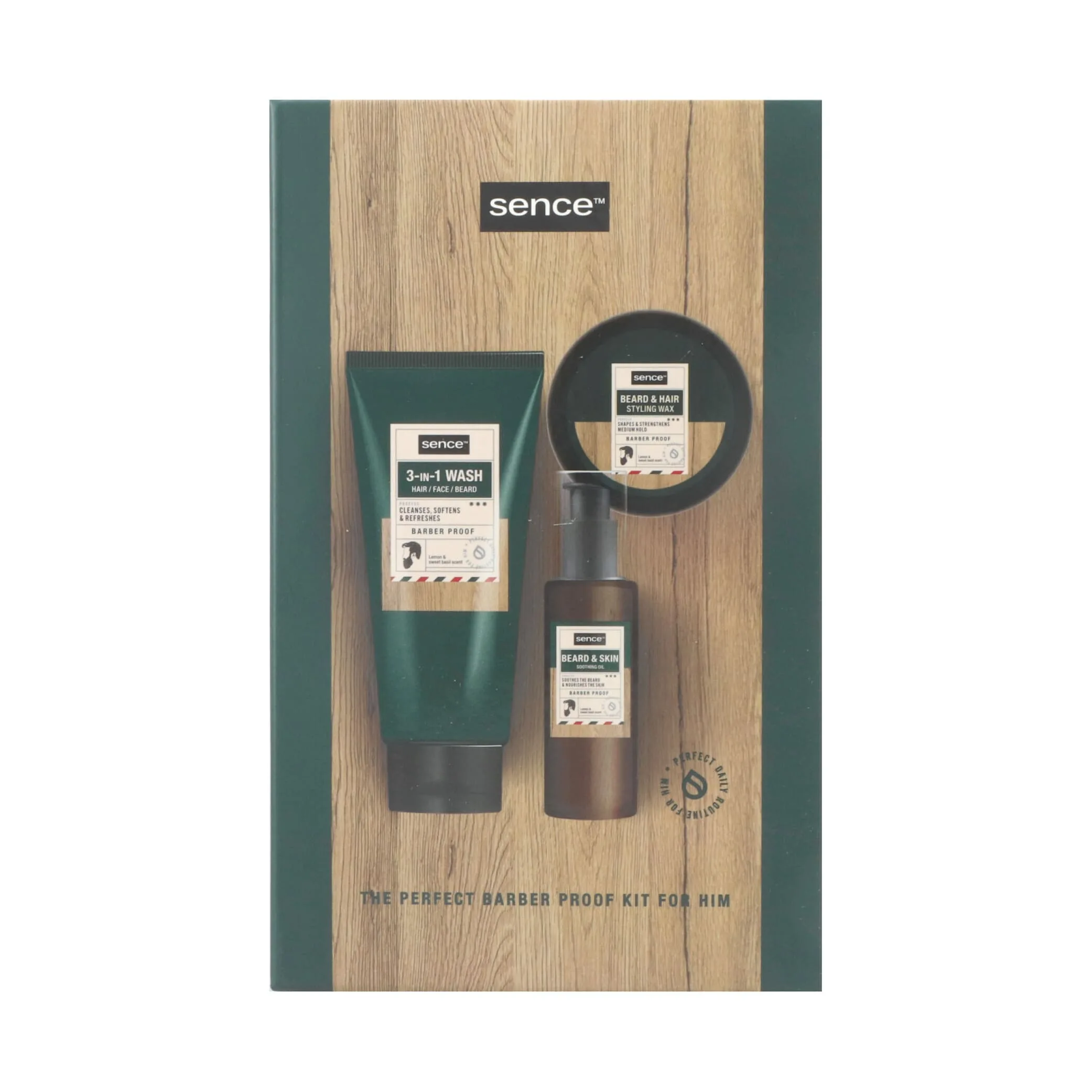 Sence the perfect barber proof kit for him beard oil 50 ml beard and hair wat 50 gr sampoo and showe gel 150 ml