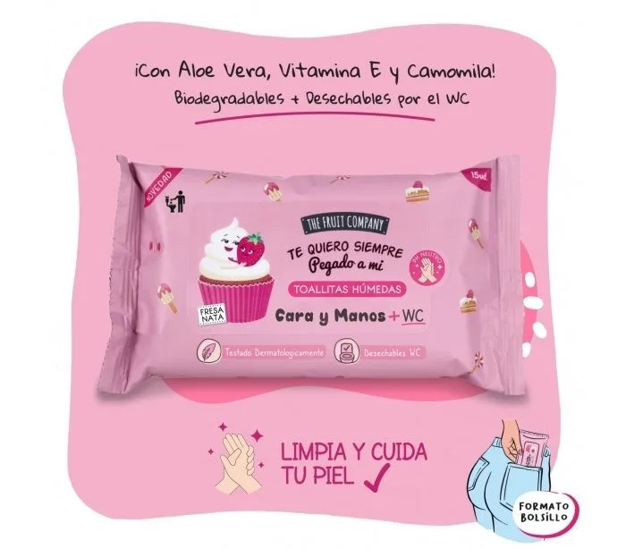 Toallitas humedas cara y manos de fresa y nata para wc de fruit company
