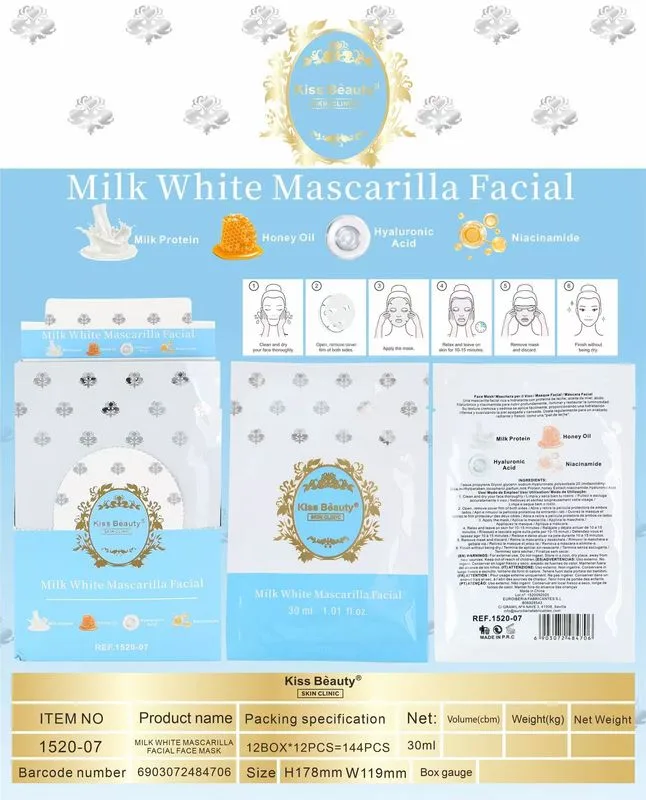 Mascarilla facial milk white 30ml kiss beauty skin clinic con acido hialuronico y niacinamide