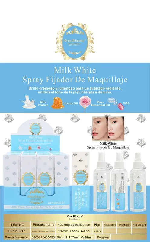 Spray fijador de maquillaje de milk white 150 ml esencia arabe de kiss beauty skin clinic